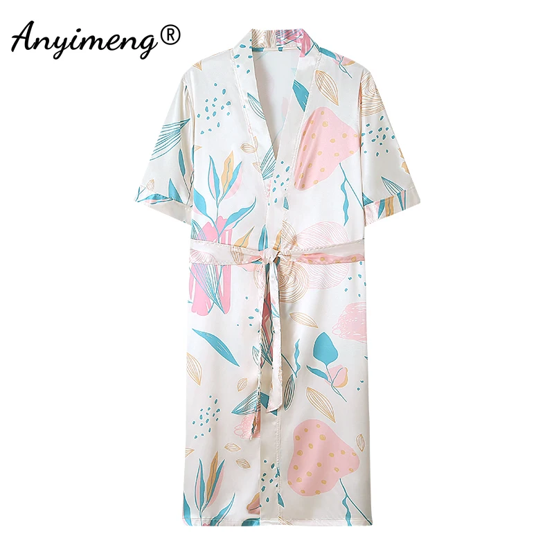 Floral Faux Silk Pijama Summer Nightwear Elegant Womem Silk Robes M-4XL Big Size Satin Robe Causal Short Sleeves Kimono Bathrobe