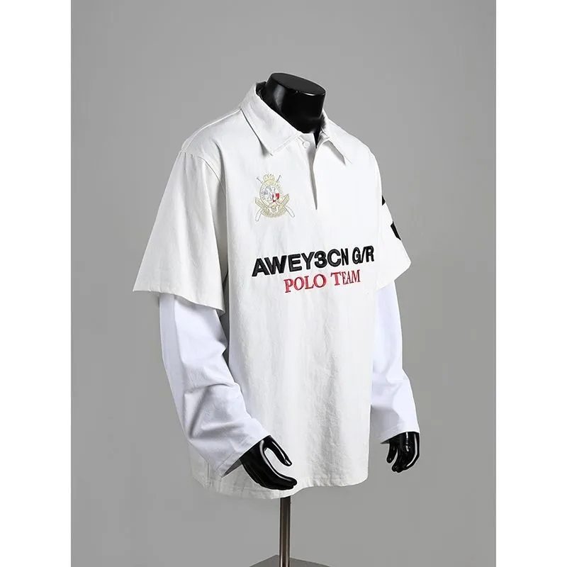 

Американская бейсбольная уличная одежда, искусственный двухсекционный значок-поло с графическим принтом, большой топ с длинными рукавами, мужская спортивная блузка в стиле ретро, комфортная