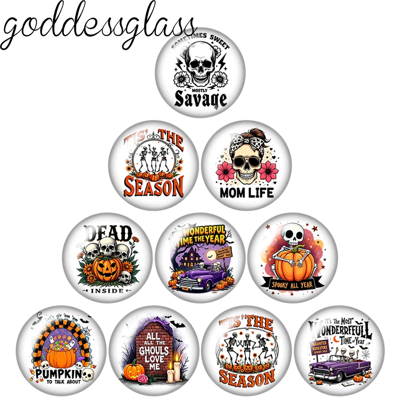 Halloween Skull Pumpkin Spooky Words 10pcs 12mm/18mm/20mm/25mm Round photo glass cabochon flat back Making findings Jewelry