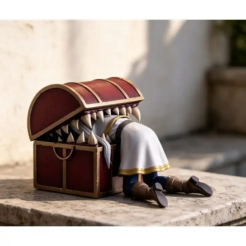 Anime Style Elf Character & Mimic Treasure Chest Scene Statue, Collectible Desktop Ornament, Decor Gift for Fantasy Anime Lovers