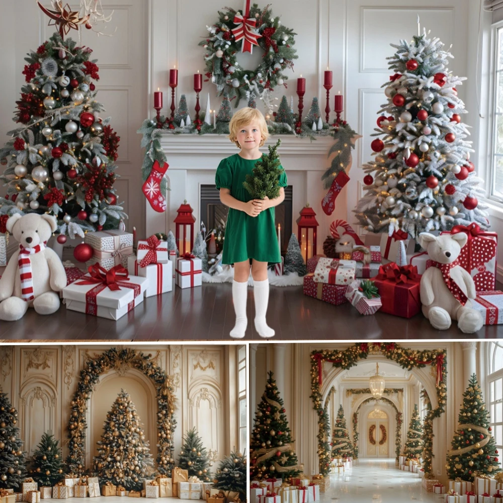 

Christmas Theme Photography Background Window Fireplace Wooden Floor Christmas Tree Winter Night Snow Children Family Party Pro