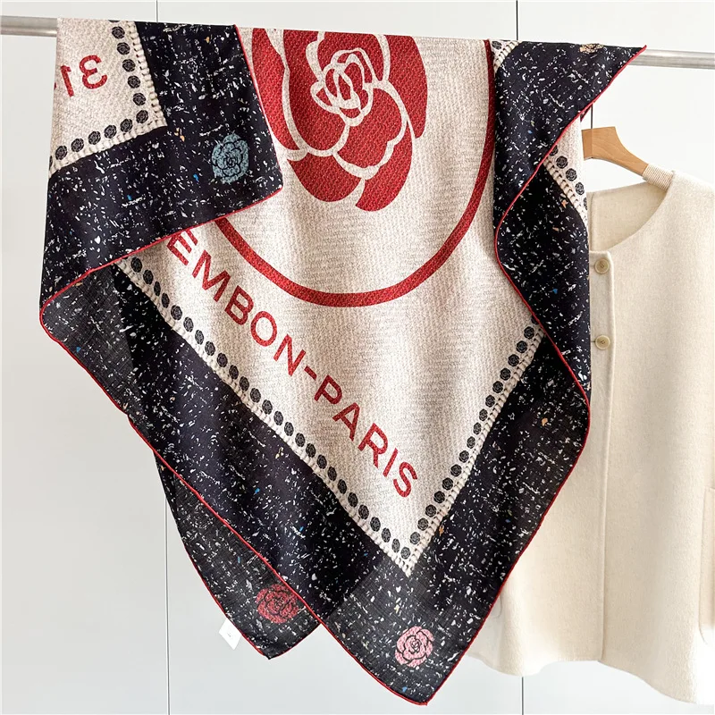 

Шелковый шерстяной шарф, женская камелия, элегантный темперамент, большой квадратный шарф из теплой шелковой шерсти.