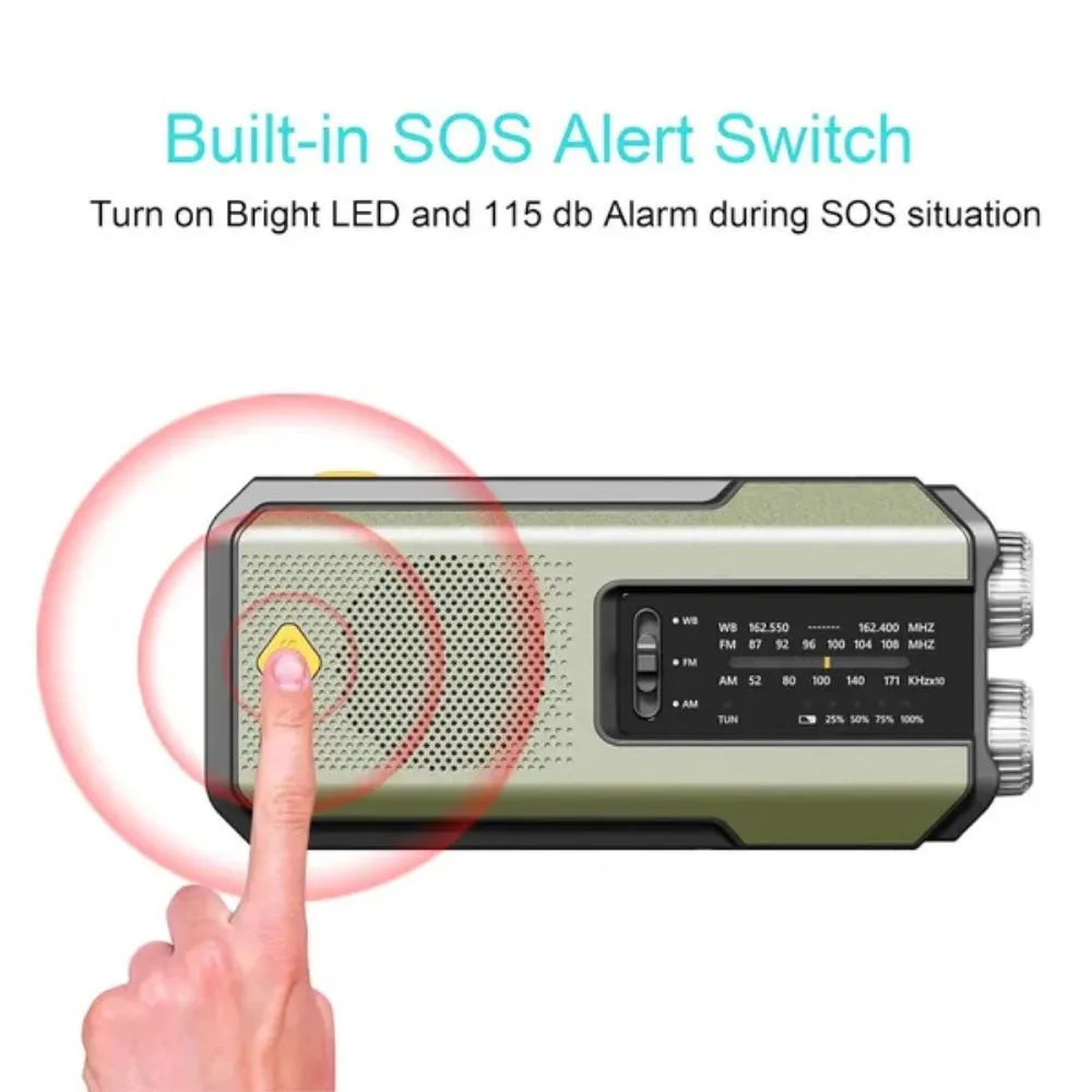 Weather Radio Emergency Multifunctional Radio FM AM WB Hand Crank Solar USB Charging 2000mAh Power Bank LED Flashlight Torch