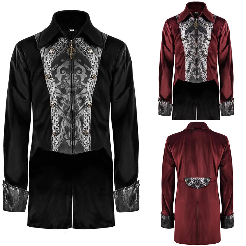 

Middle Ages Prince Cosplay Black Turn Down Collar Steampunk Men Jacket Long Sleeve Gothic Noble Men Texudo Medieval Costume