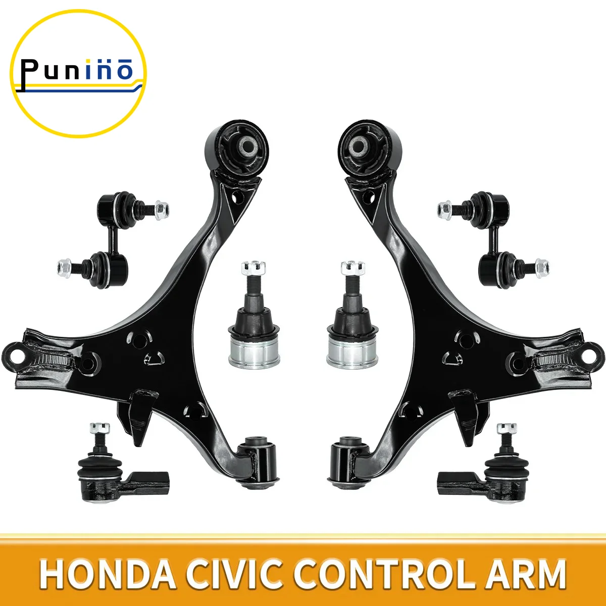 Punino 8pcs Front Lower Suspension Kit Control Arms Ball Joints Sway Bar Links Outer Tie Rods Set for Honda Civic 2001-2005