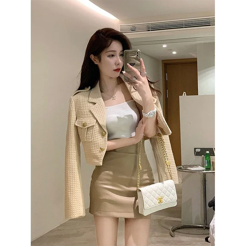 Cropped Jackets Women Elegant Basic Blazer Coats Office Lady Korean Autumn Long Sleeve Slim Simple All Match Outwear New