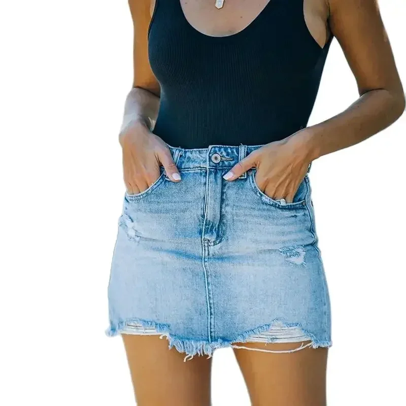 Women High Waist Button Splice Denim Skirt Fashion Broken Holes Slim Fit Wrap Hip Half-body Dress Female Casual Trend Streetwear