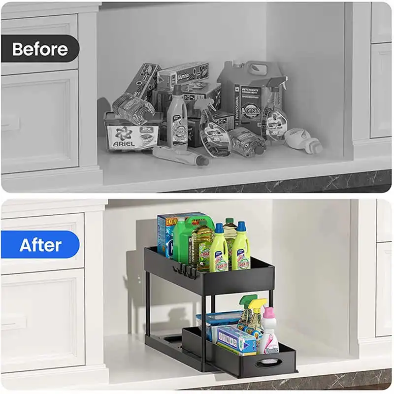 Kitchen Storage Organizer Supplies Under Sink Sliding Drawers Shelves Black Cabinet Basket Rack Bathroom