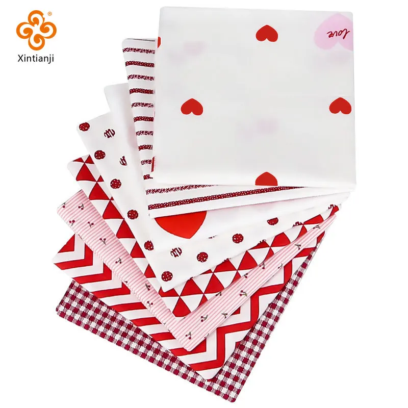 Red Cotton Patchwork Fabric Twill Heart Print Fabric Valentine's Day DIY Handmade Quilt Material 8pcs/Set 25X25cm