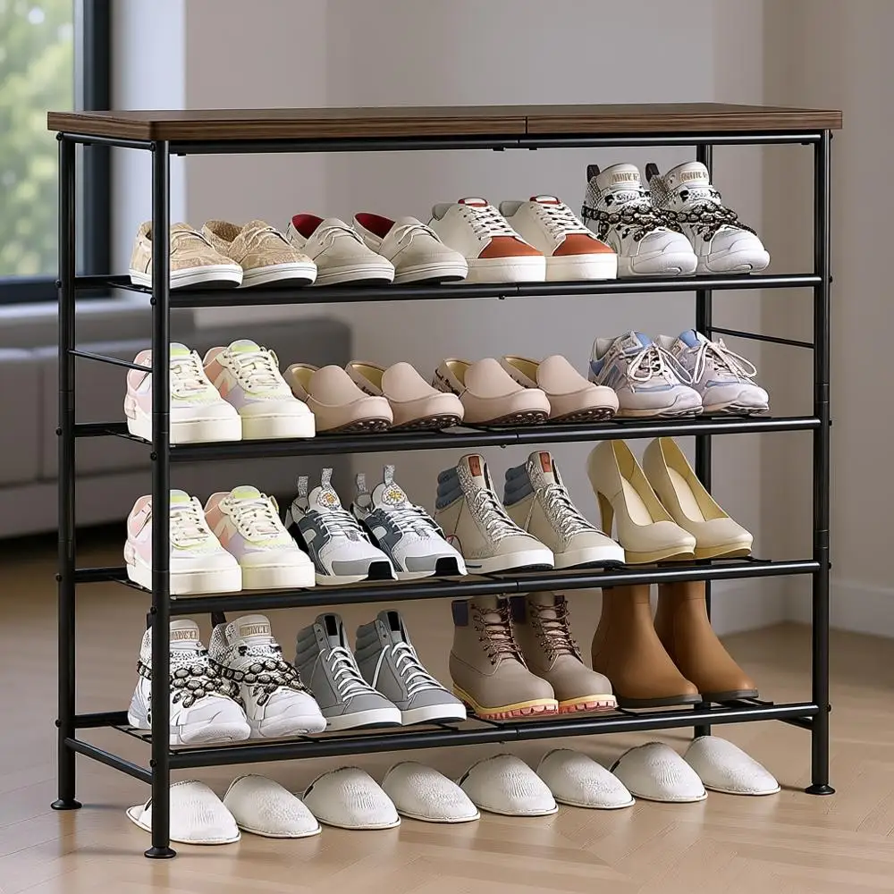 

5-ярусная металлическая подставка для обуви с деревянной столешницей, черный и рустик-коричневый