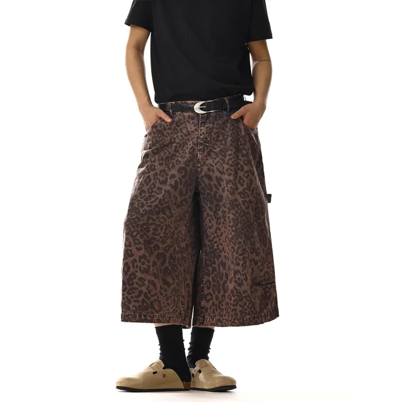 

American Retro Leopard Print Straight Leg Cropped Pants for Men and Women Summer New Design Niche and Loose Wide Leg Pants