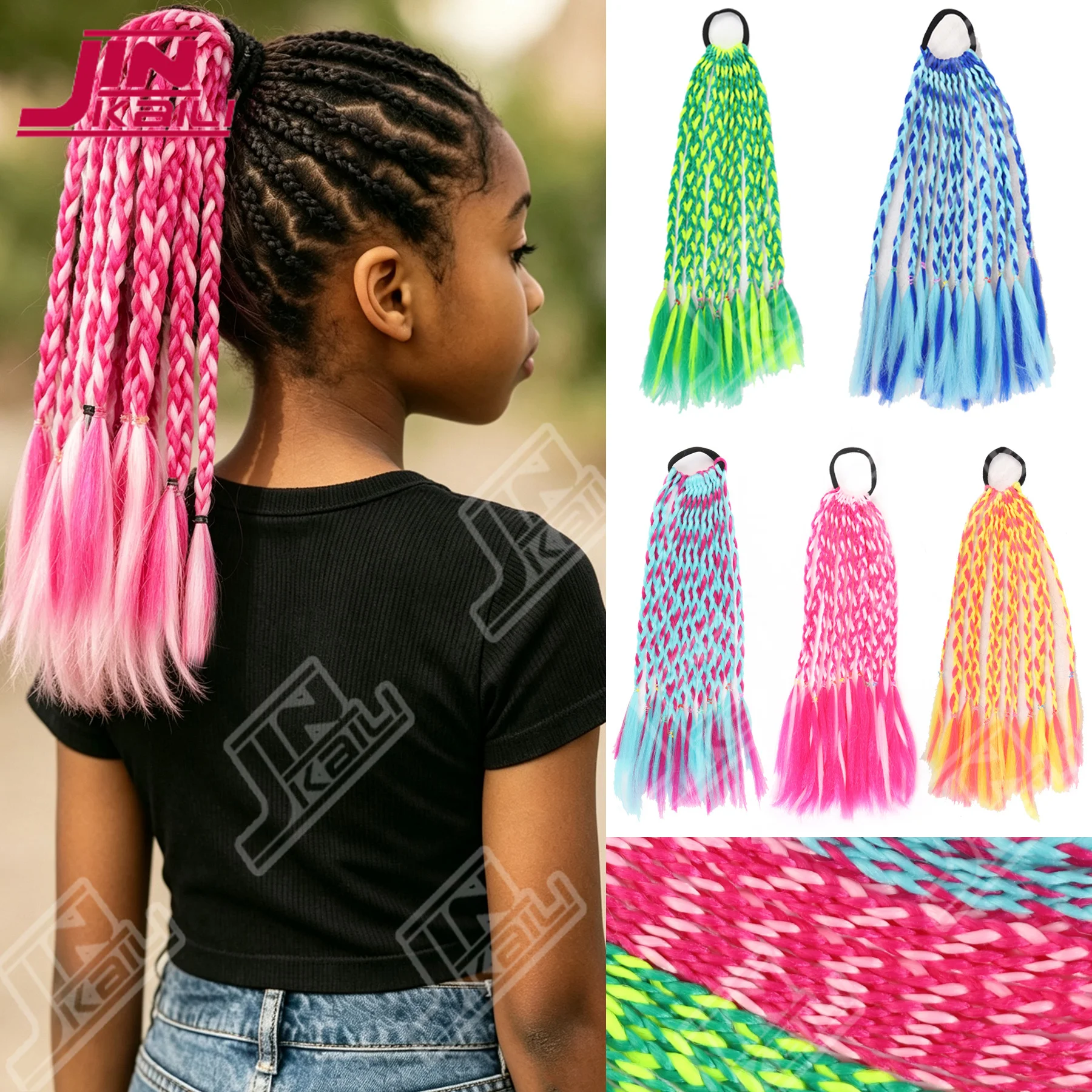 JKL 1PC Kids Colorful Dirty Braids Wig Ponytail, Twist Braid Hair Tie Rubber Band,Colorful Twist Tie Wigs