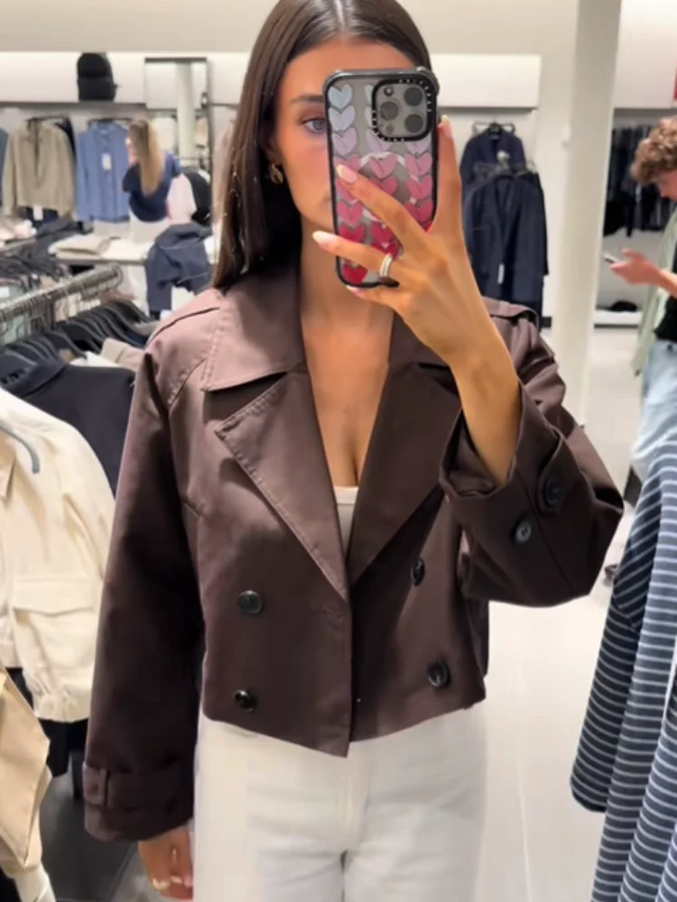 Brown Double Breasted Short Trench Coats Women Casual Lapel Long Sleeve Pocket Cropped Jackets Lady Commute Office Street Wear