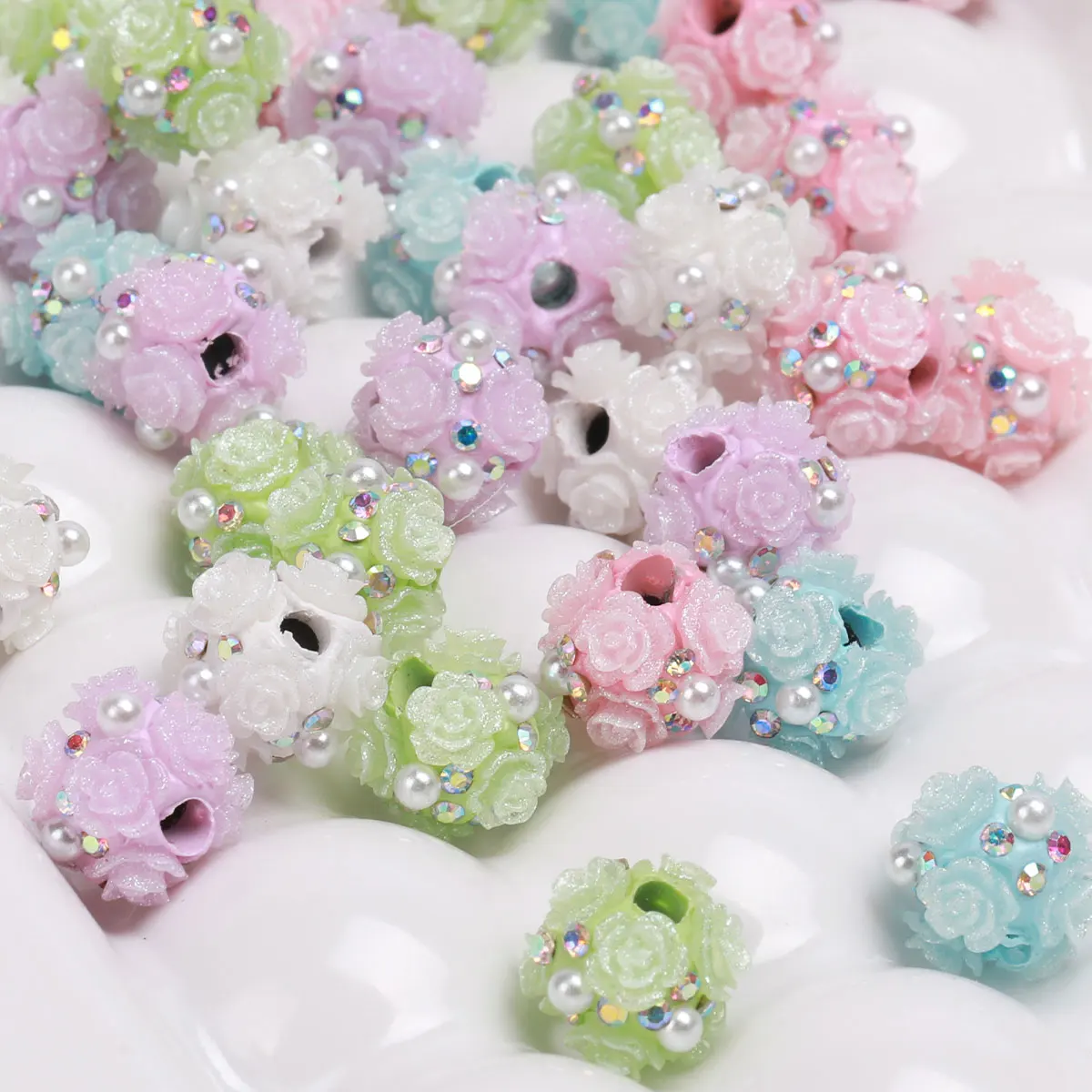 12pcs 1.2cm Random Color Mix Colorful Trumpet Rose Ball Beads Embed Artificial Pearl Rhineston Creative Beaded Pen Acrylic Beads