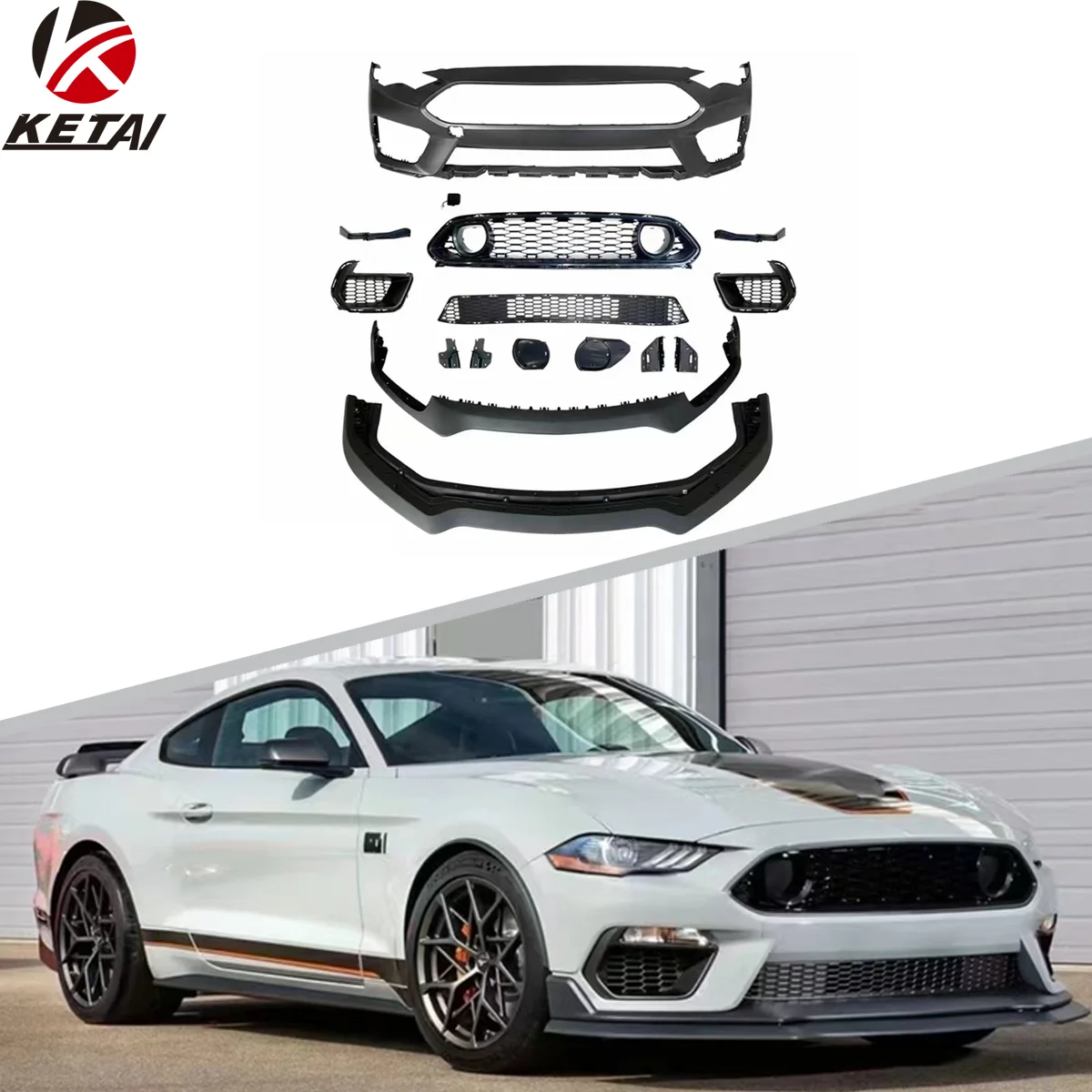 High Quality Mach1 Style Car Front Bumper Front Lip Rear Diffuser Side Skirt Vents Spoiler Body Kit for Ford Mustang 2018-2022