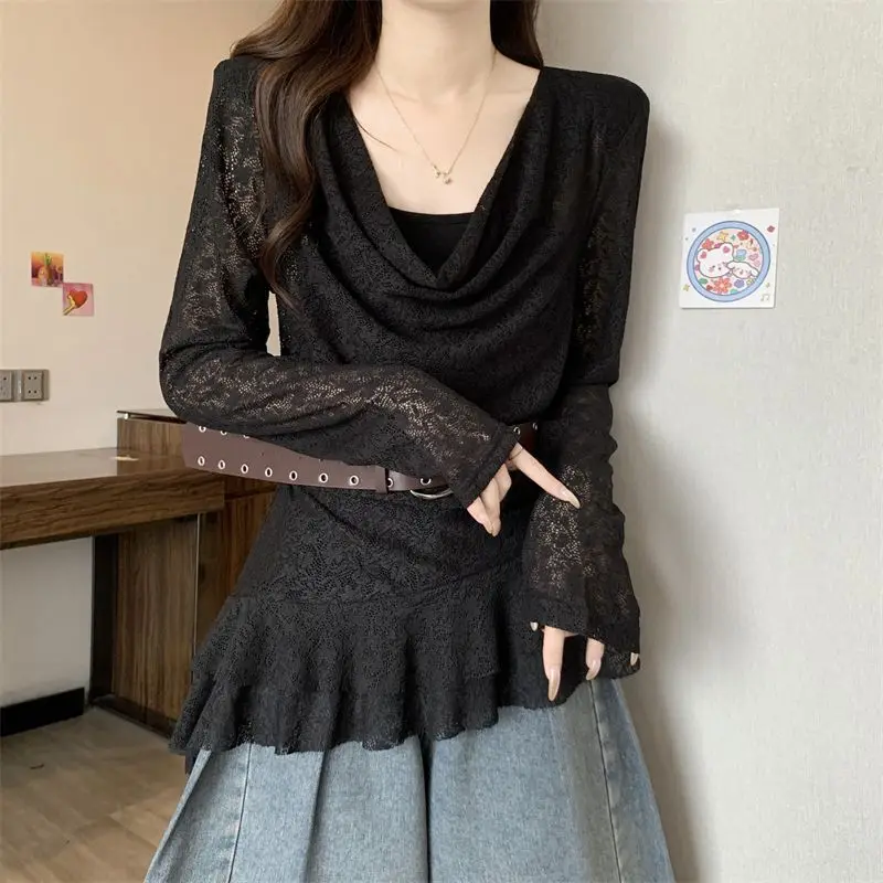 Y2k Clothes T Shirt For Woman Solid Spring Autumn Irregular Ropa De Mujer Vintage Swing Collar Sexy Fashion Tees