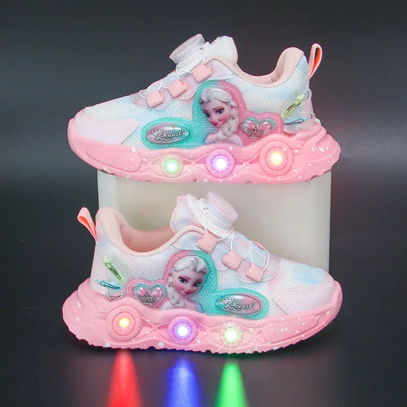 Disney LED Casual Sneakers Pink Purple For Summer Girls Frozen Elsa Princess Print Outdoor Shoes Children Lighted Non-slip Shoes