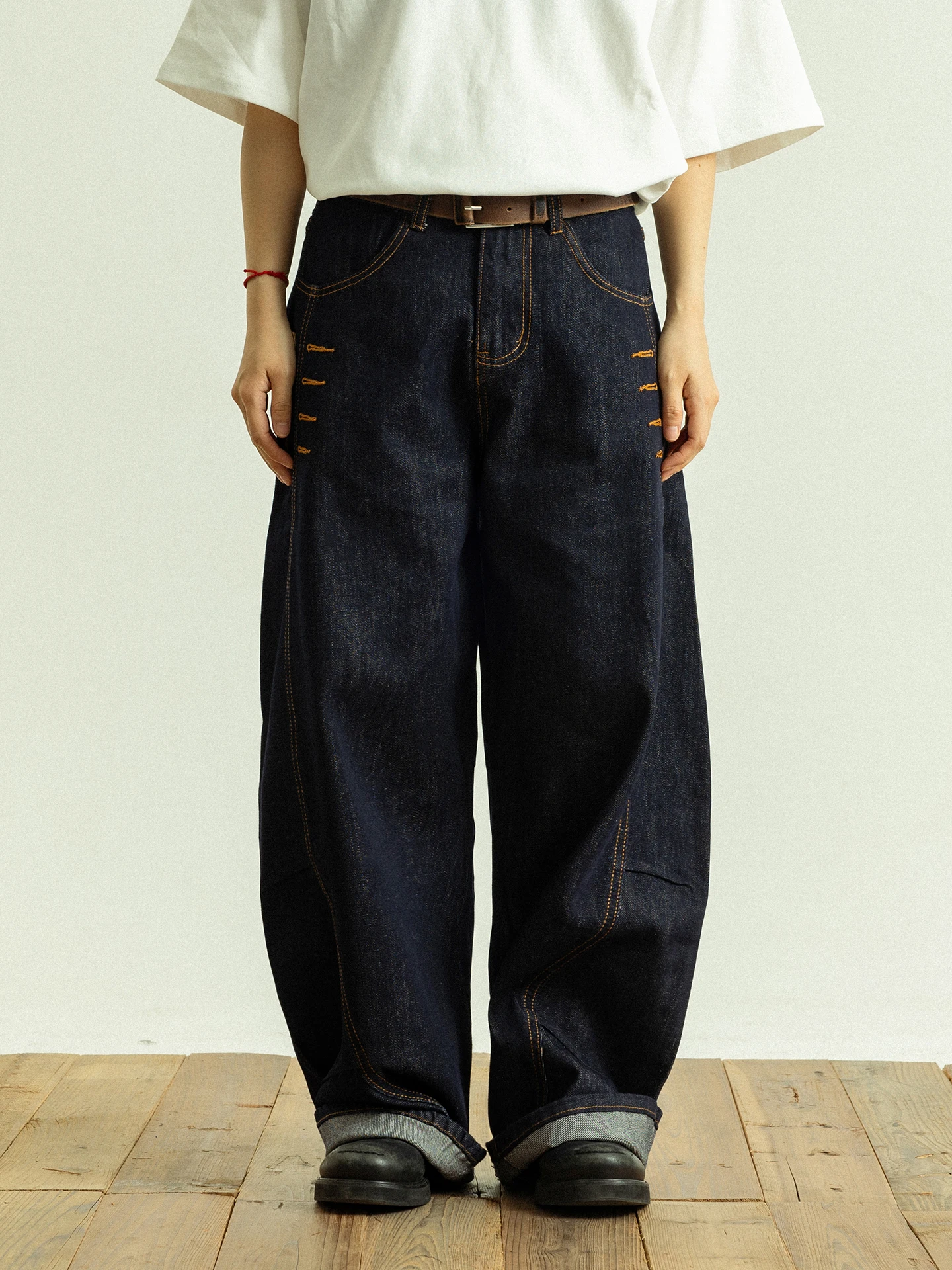 

Deep Blue Denim High Waist Patchwork Wide Leg Jeans Buttons Unisex Spring Cotton Comfortable Loose Fit Neutral Style