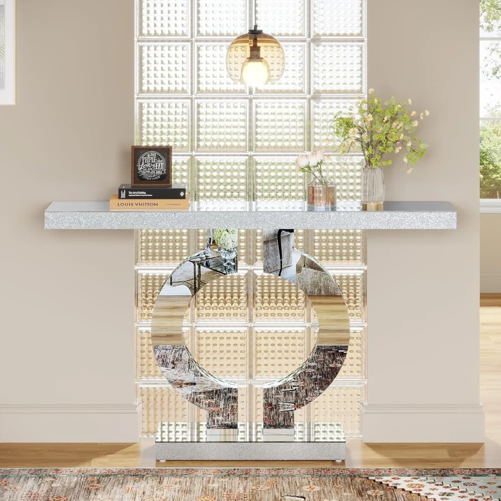 Mirrored Console Table, Modern Silver Entryway Table with Sparkling Crystal Inlays,  Mirror Finish for Entrance, Living Room image 5