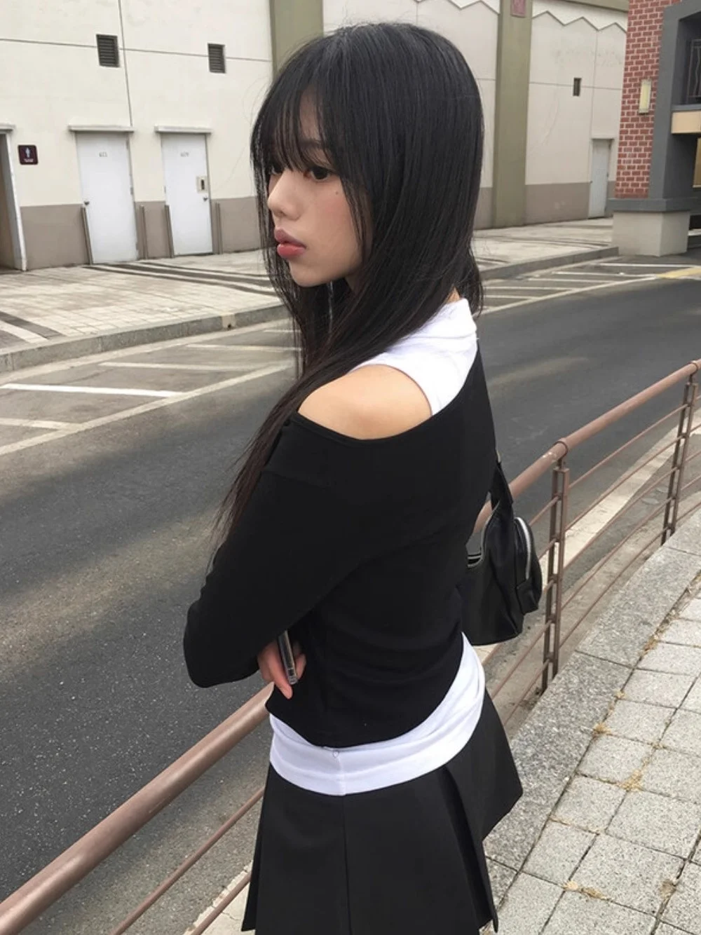 Street Style Sweet Cool Shoulder Bared One Shoulder Dress Pants Two Piece Set Unique SEI Faux Two Piece Patchwork Long Sleeve...