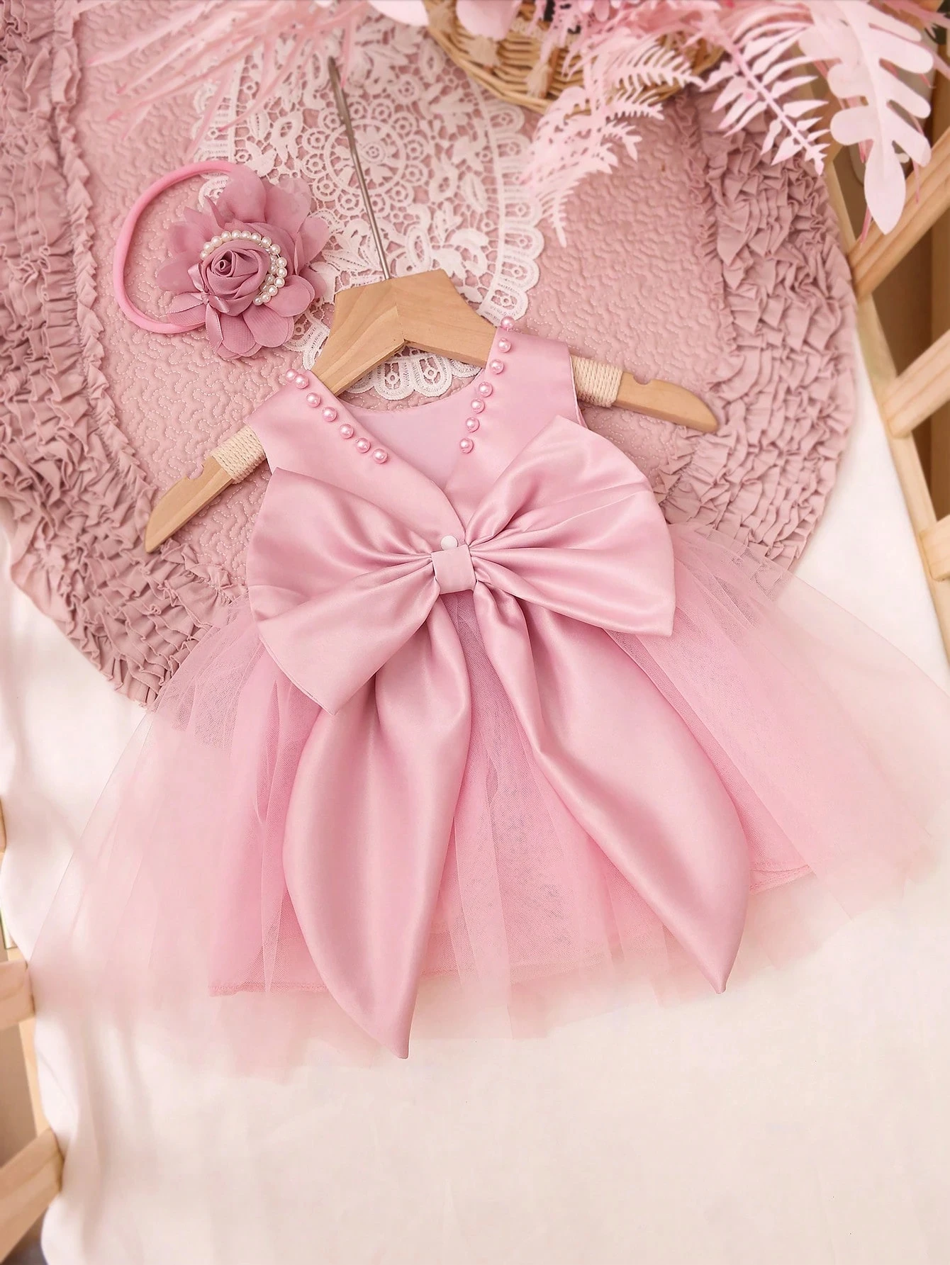 2pcs Newborn Photography Props  Baby Girl Outfit Pearl Style Dress with Rose Flower Headband Infant Photo Shoot Baby Shower Gift
