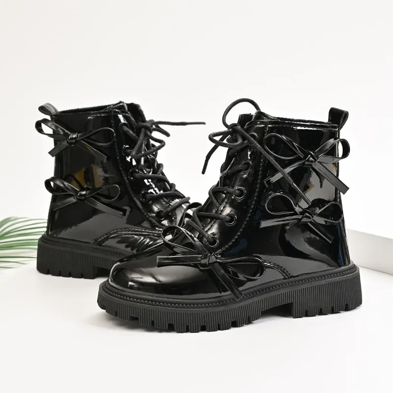 Girls Ankle Boots Korean Style Kids Short Boots Sweet Bows Casual 2025 New Fashion Children Leather Boots Soft Bottom Non-slip