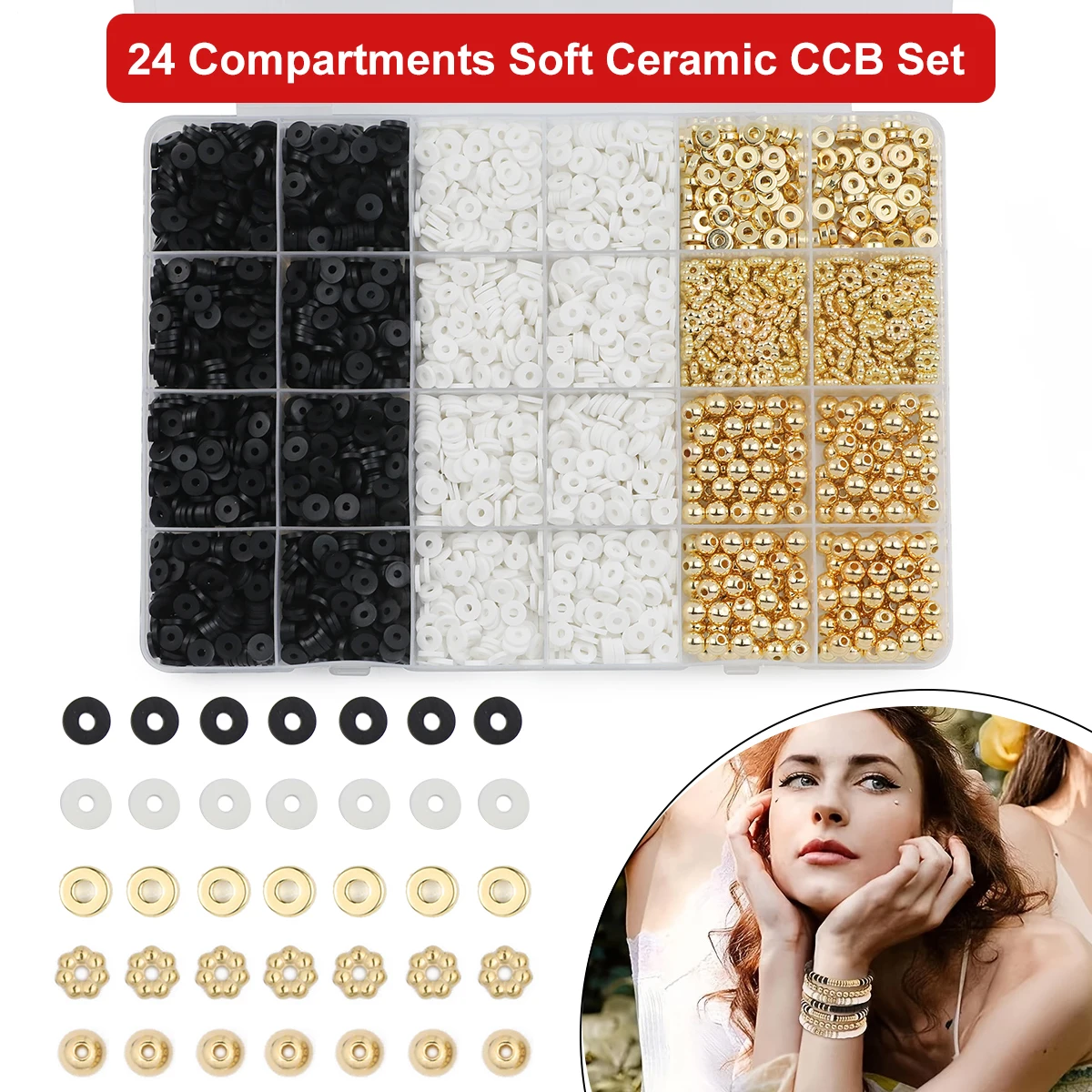 3000pcs/Box 6mm Black And White Polymer Clay Beads Gold Color Spacer Loose Beads Kit For DIY Jewelry Making Bracelets Necklaces