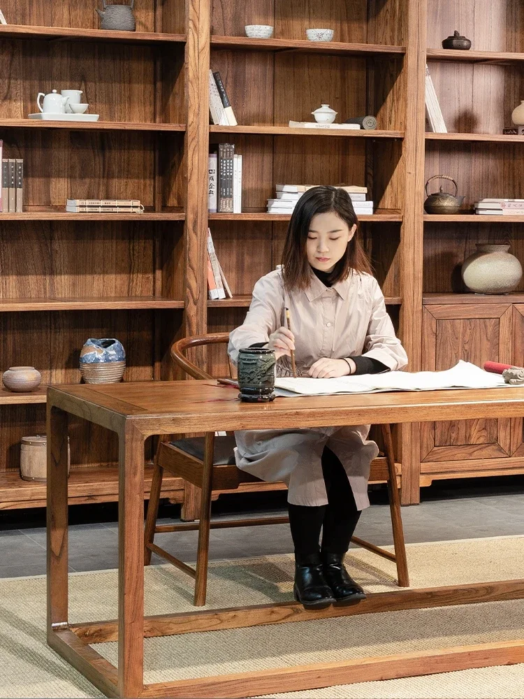 Solid Wood Bookcase Old Elm Floor Storage Bookshelf Glass Bookcase with Door