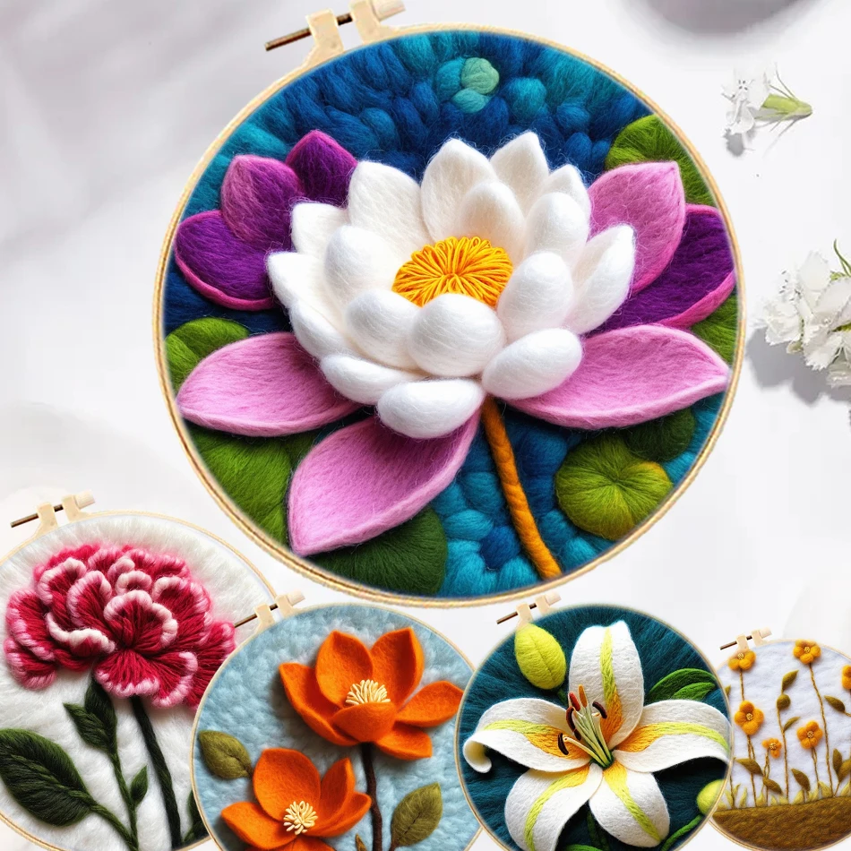 

20x20cm Frame DIY Wool Needle Felting Starter Kit Flowers DIY Wool Needle Felt Painting Picture Needlework Starter Sewing Craft
