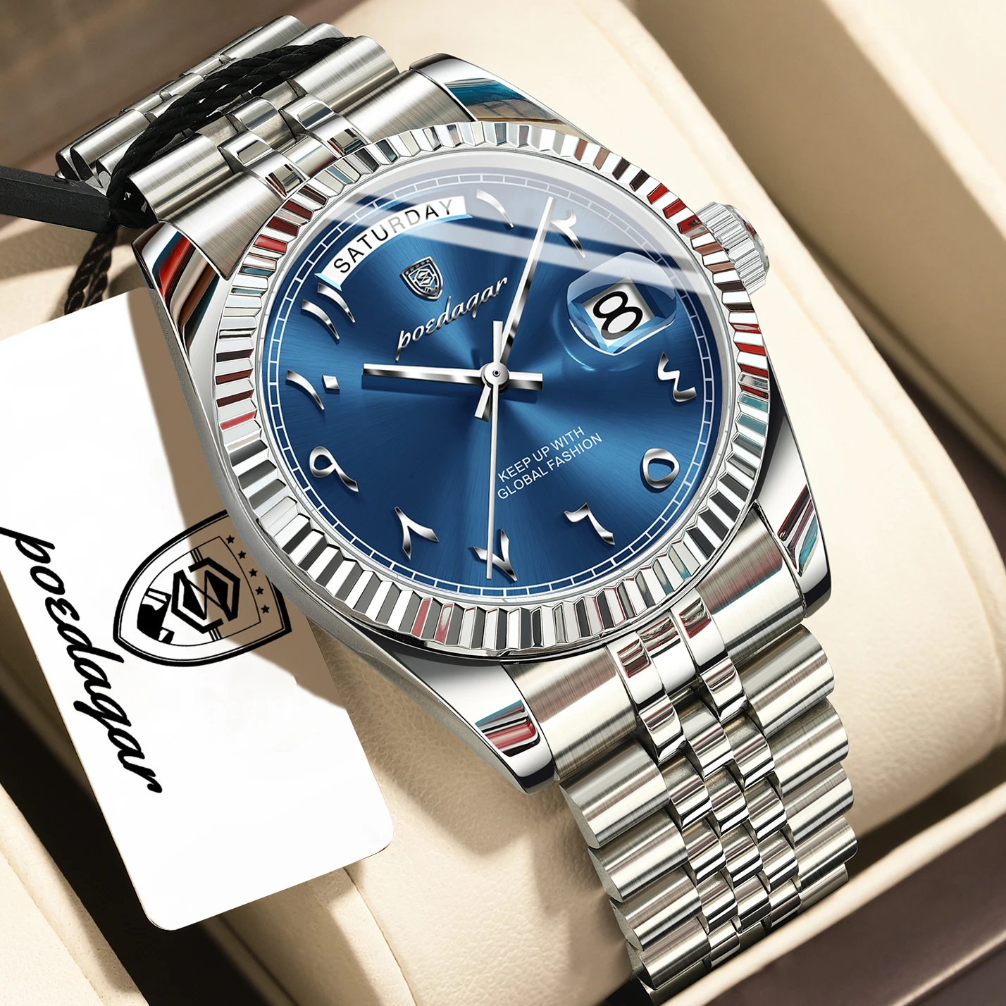 POEDAGAR Original Fashion Man Clock Waterproof Date Week Quartz Men's Wristwatch Stainless Steel Business Casual Watches For Men