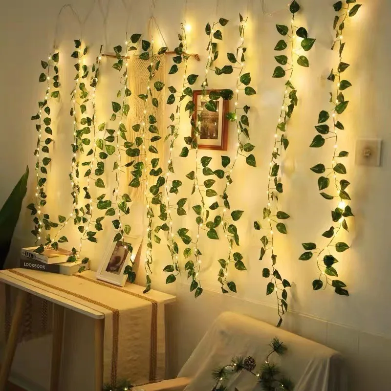 2/5/10M Green Leaf String Lights 20/50/100LED Artificial Vine Window Fairy Lights Battery Powered for Weeding Holiday Home Decor