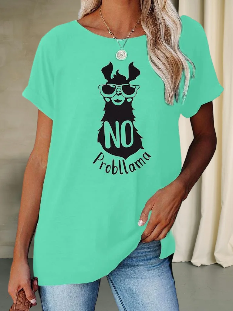 تي شيرت نسائي صيفي - تي شيرت كاجوال بأكمام قصيرة للعطلات مع رسومات لاما "No Probllama".