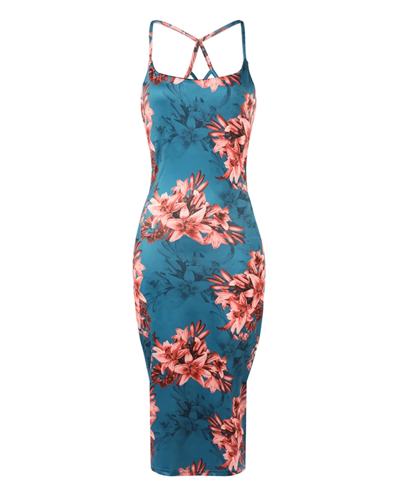 Sexy Women Summer Floral Print Fishnet Backless Bodycon Dress 	U-Neck Slim Fit Spaghetti Strap Midi Blue Dress Vacation Vestido