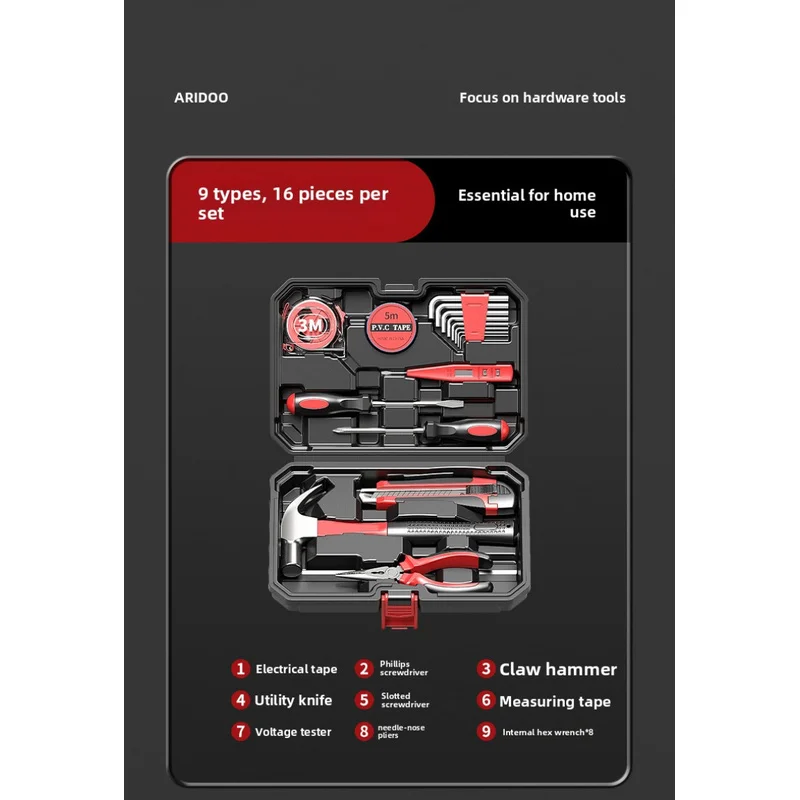 16Pcs Household Hand Tool Kit Multifunctional Home Repair Tool Set with Storage Case, Claw Hammer, Pliers, Screwdrivers, Tape Me