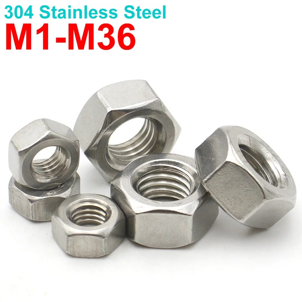 304 Stainless Steel 1/2/5/10/20/25/50 Pcs M1 M1.2 M1.4 M1.6 M2 M2.5 M3 M3.5 M4 M5 M6 M8 M10-m36 Hex Hexagon Nuts Din934 Metric