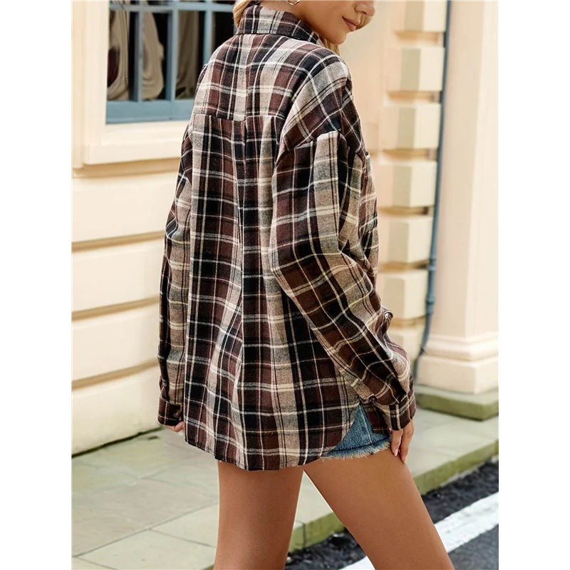 AOAO-Camicie da donna in flanella abbottonata con maniche lunghe e bottoni scozzesi, camicetta casual da lavoro