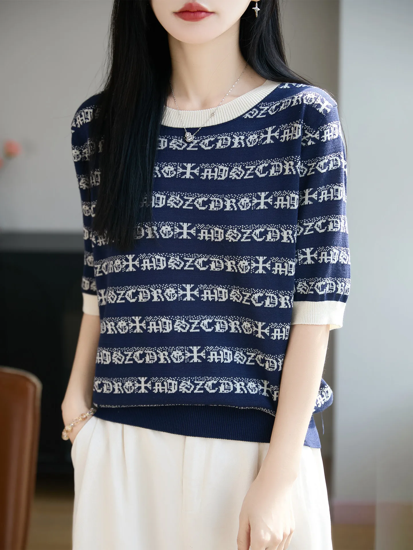 

Женская трикотажная футболка с круглым вырезом для весны и лета, дышащая, влагоотводящая, из лиоцелла и шелка, с буквенным принтом, повседневный топ