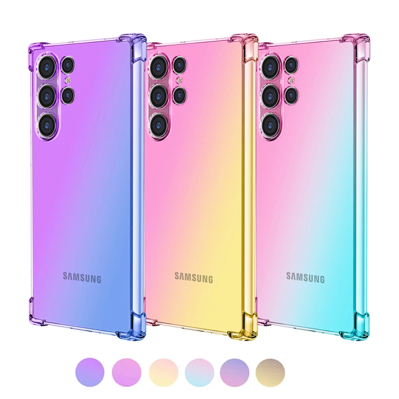  Four Corner Shockproof Silicone Back Cover For Samsung Galaxy S24 Ultra Pro Airbag Gradient Rainbow Translucent Soft Phone Case