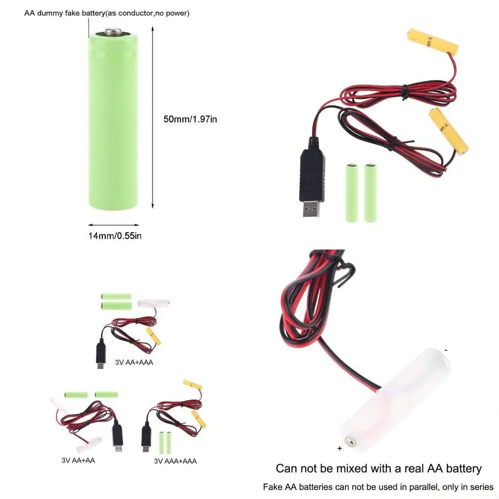 M5TD 2in1 5V USB to 3V Dual LR6 LR03 Battery Power Supply Cable Replace 2x 1.5V AA AAA Battery for LED Light