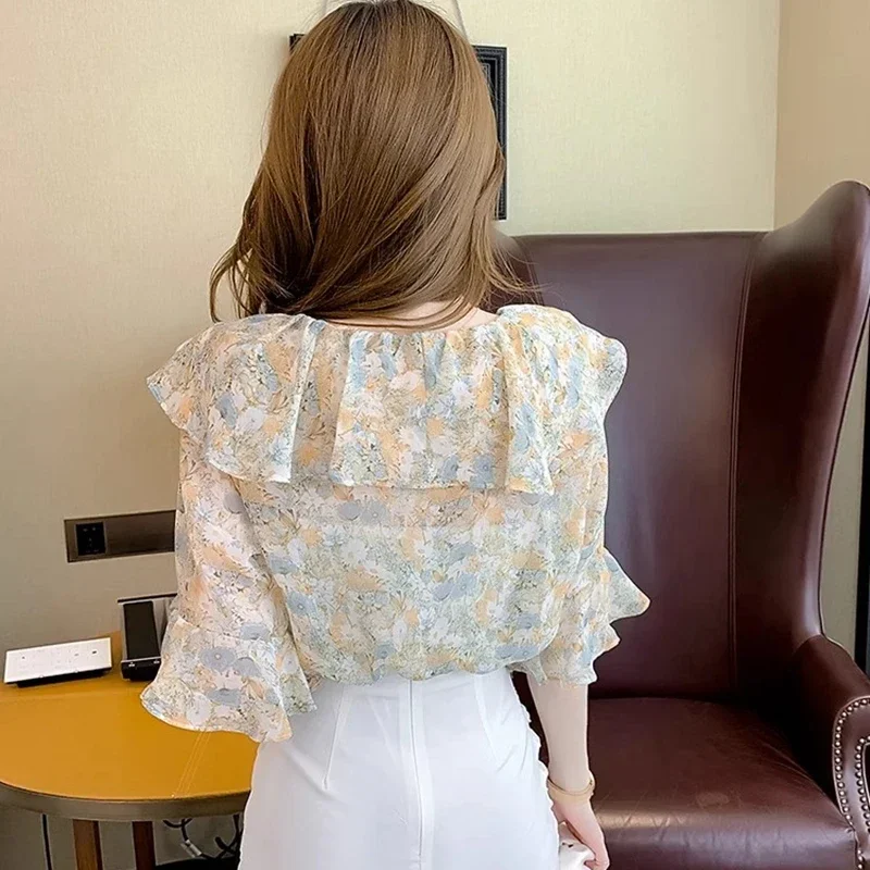 Floral Printed Summer Blouses Women 2024 Korean Fashion Short Sleeve Blusas Vintage Bow Neck ruffles Chiffon Tops y2k Shirts