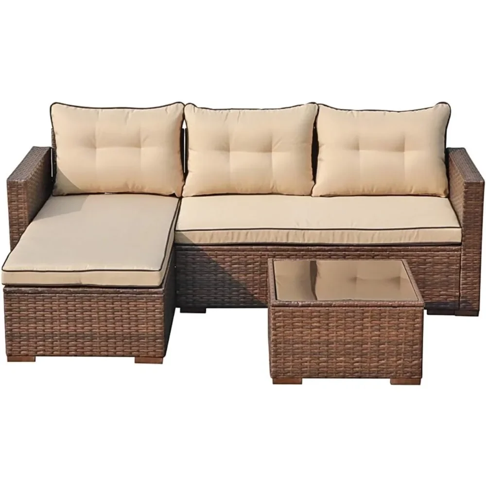 Outdoor Patio Furniture Set,All-Weather Wicker Rattan Furniture Sofa Set,with Cushions, Tempered Glass Coffee Table, Beige