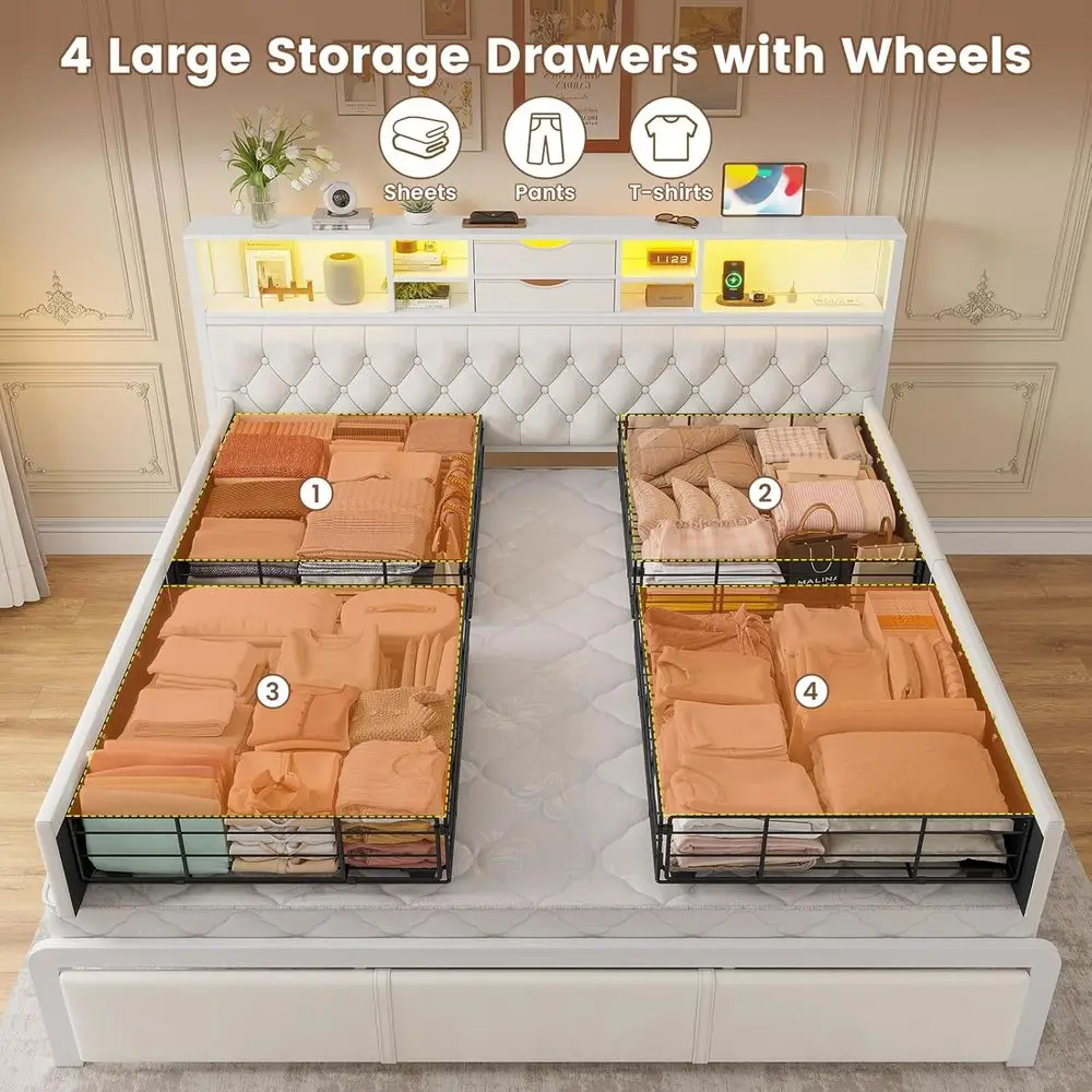 King Size Velvet Bed Frame with 4 Drawers, LED Lights, Charging Station, Beige image 3