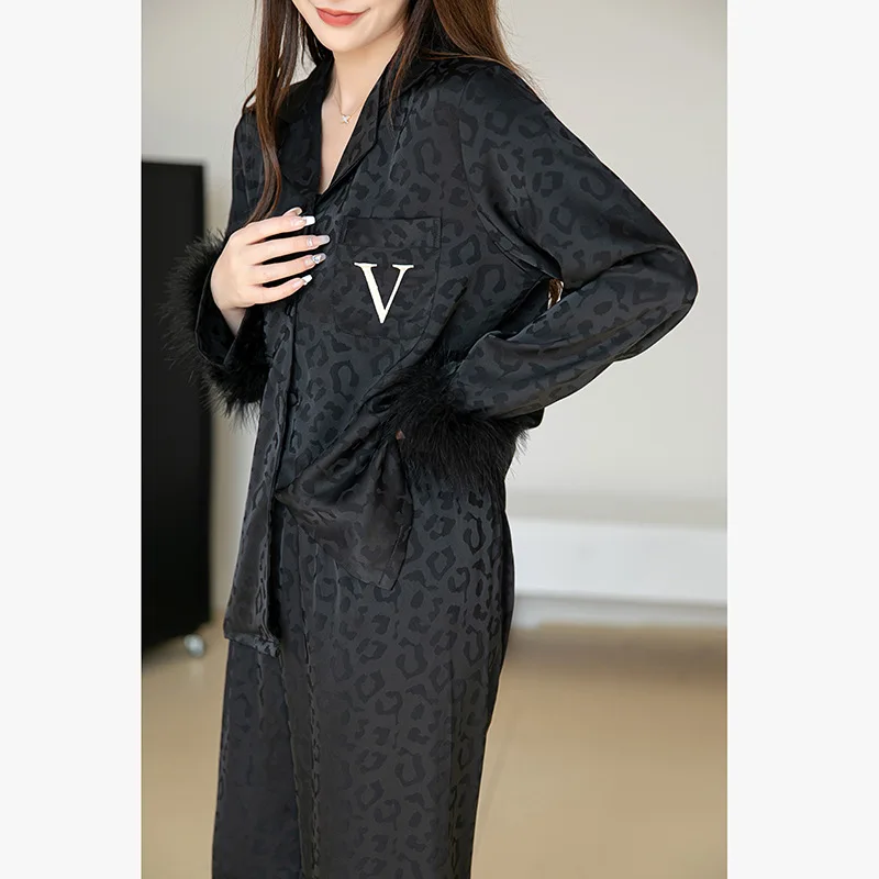 Blue Leopard Sleepwear Pijamas Suit Spring Autumn Female Pajamas Set Nightwear with Feather Loose Satin Home Clothes Lounge Wear