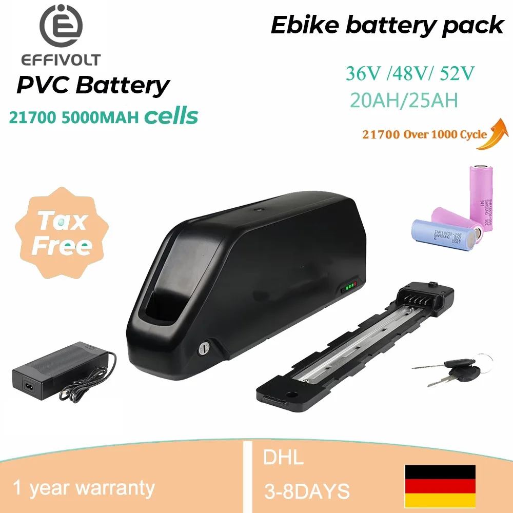 Batteria per e-bike Polly, tubo inferiore, 52V 48V 25AH, celle Samsung 21700, pacco batteria per bicicletta, batteria elettrica, BMS 50A, batteria agli ioni di litio originale, 250W-1500W