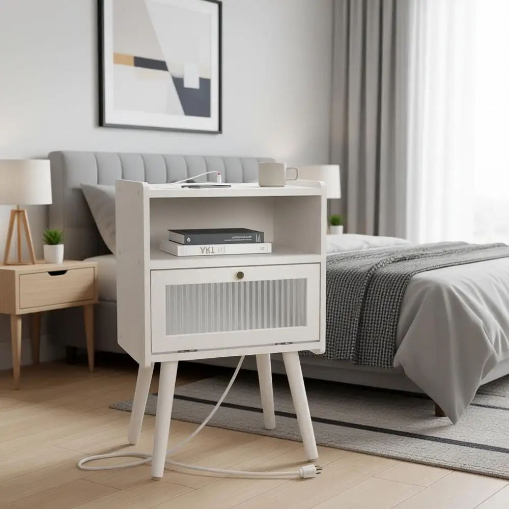 

Modern Nightstand with Charging Station, Bedside Table with Glass Door, 2-Tier End Table for Bedroom or Living Room, White