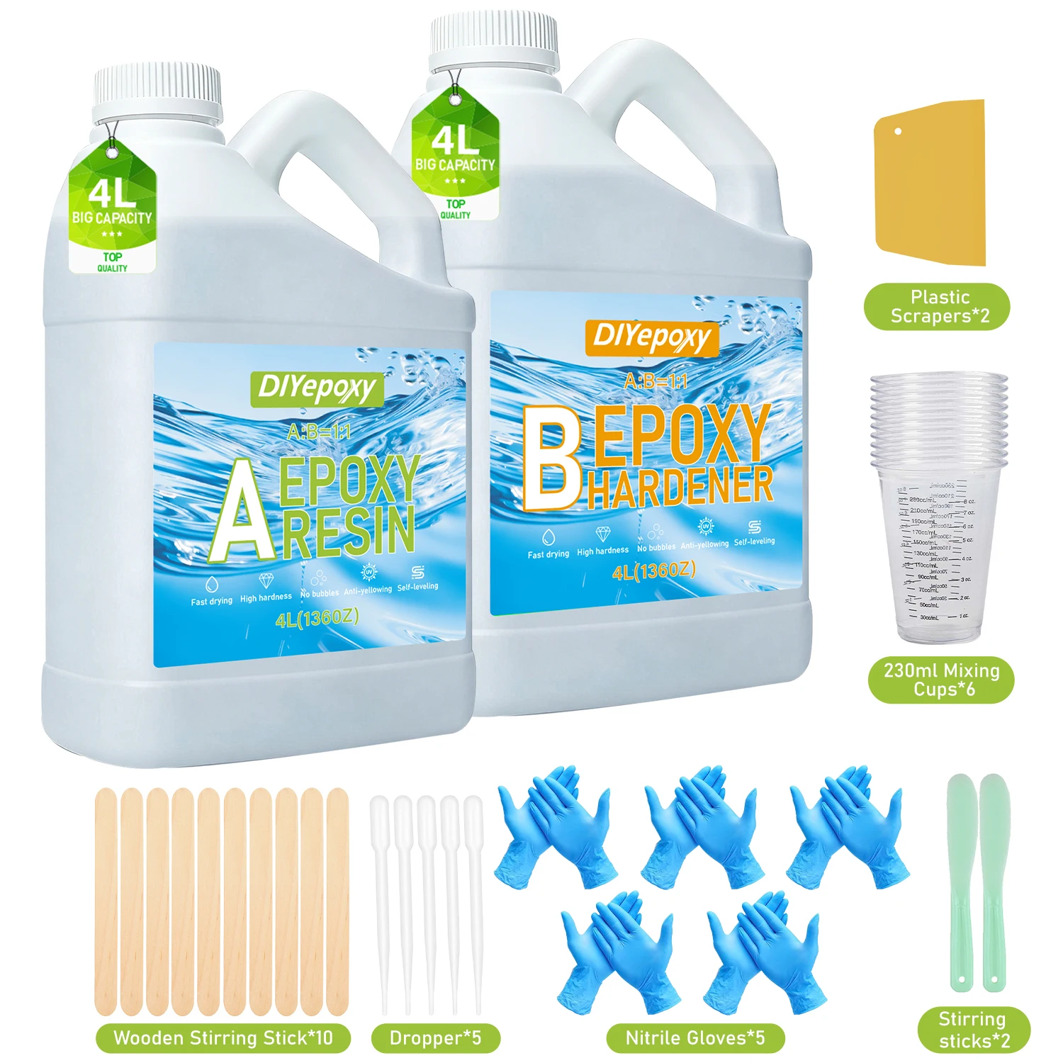 Kit de résine époxy transparente 8L, rapport de volume 1:1, colle AB, sans bulles, auto-nivelante, anti-jaunissement, pour la fabrication de bijoux, le moulage, le revêtement et l'artisanat DIY.