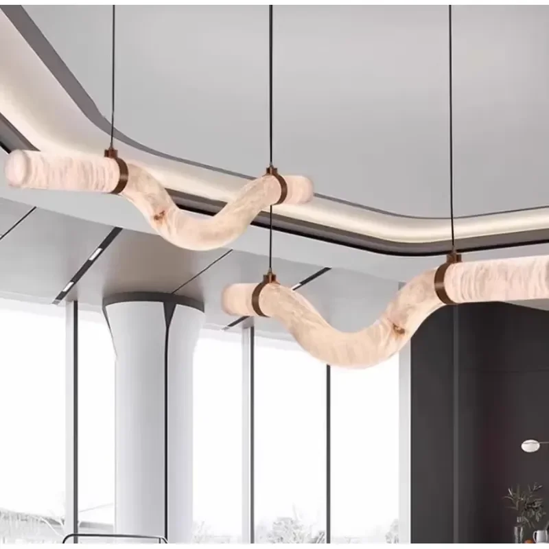 Spanish Marble Restaurant's Uniquely Shaped Minimalist Marble Chandelier