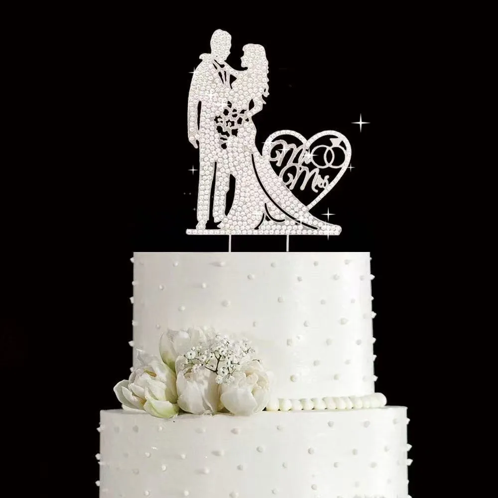 Hochzeitstorte Topper Kristall Strass Metall Mr und Mrs Kuchen Topper Hochzeit Braut und Bräutigam Brautparty Party – Detail 5