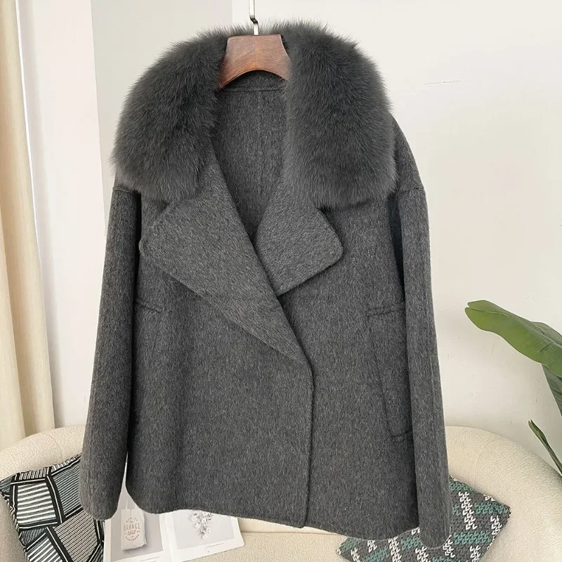 High End Wool Coat Woman Double Face Cashmere Coat with Real Fur Collar Luxury Ladies Winter Jacket Warm Clothing Fall