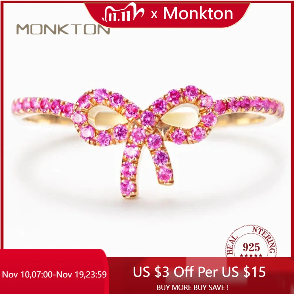 

Monkton 14K Gold Plated S925 Sterling Silver Pink Bow Rings for Women Exquisite Infinity Rings for Teen Girls Fine Jewelry